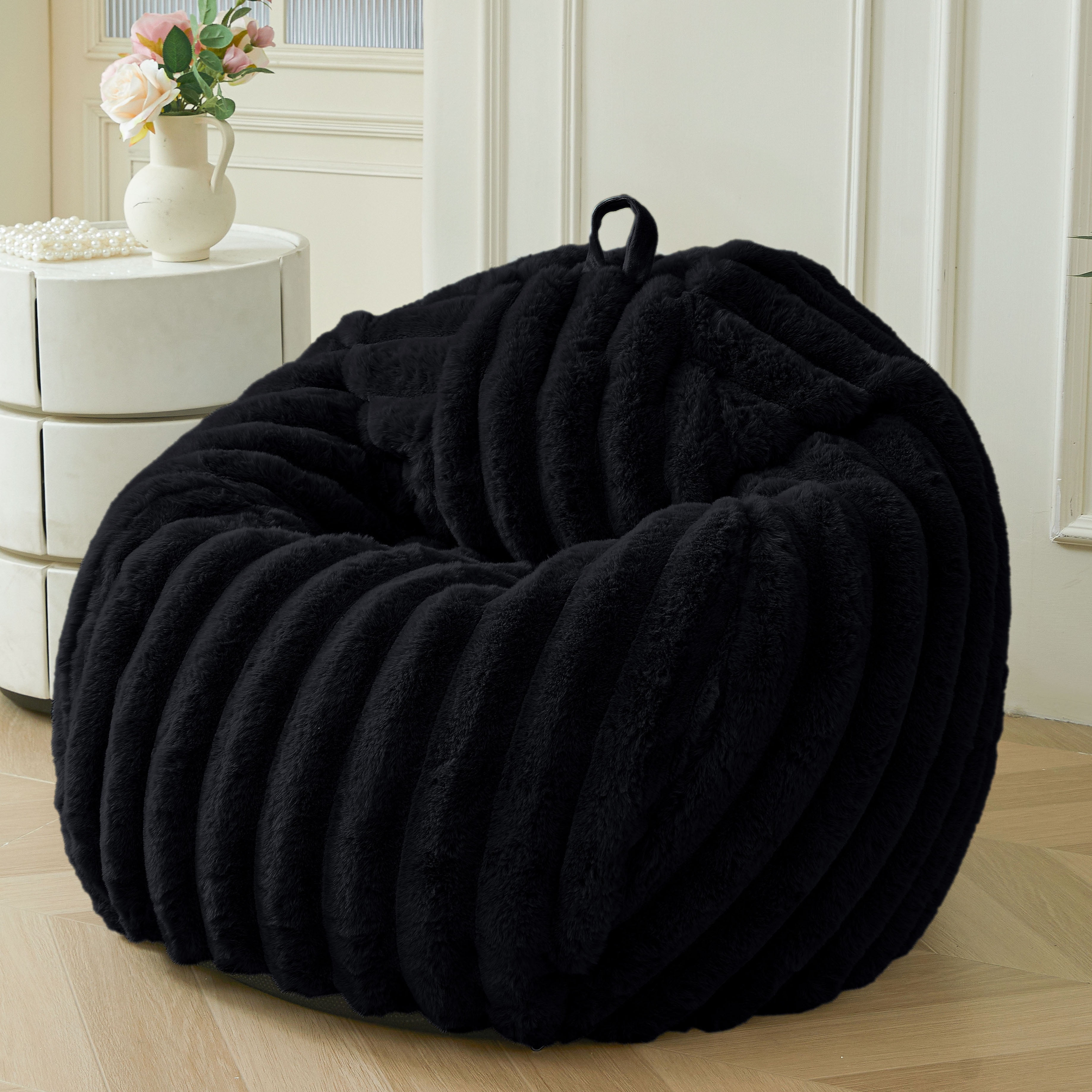 XeGe Fluffy Faux Rabbit Fur Bean Bag Chair Cover(No Filler), Luxury Plush Fuzzy Striped Stuffed Animal Storage Beanbag, 3FT Large Furry Ribbed Floor Lounger for Bedroom Living Room, Anti-slip, Black