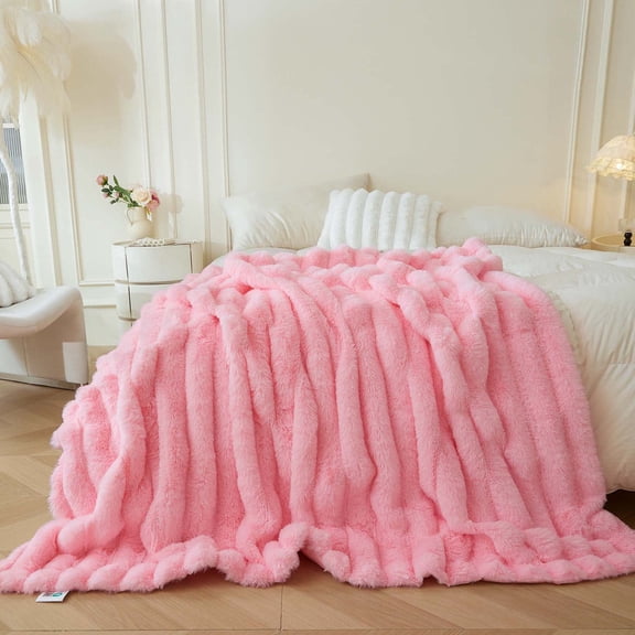 XeGe Fluffy Faux Rabbit Fur Bed Blanket, Soft Ribbed Stripe Plush Fuzzy Throw for Couch Sofa, Decorative Shaggy Throw Bedroom Living Room, Large Furry Blanket for Kids Girls Teens Adults, 60x90, Pink