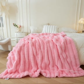 XeGe Fluffy Faux Rabbit Fur Bed Blanket, Soft Ribbed Stripe Plush Fuzzy Throw for Couch Sofa, Decorative Shaggy Throw Bedroom Living Room, Large Furry Blanket for Kids Girls Teens Adults, 60x90, Pink