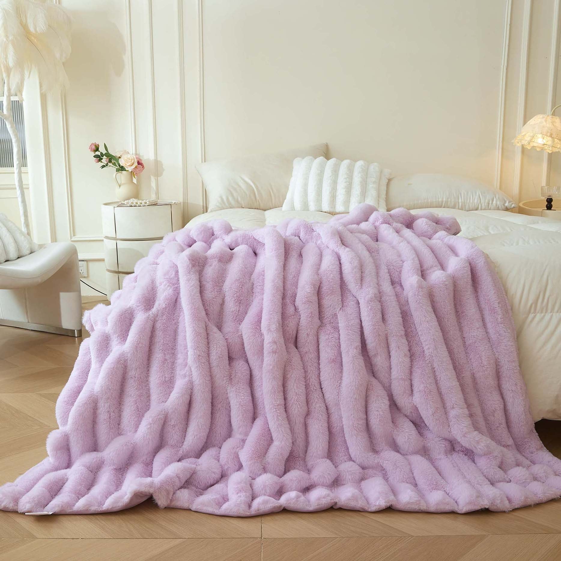XeGe Fluffy Faux Rabbit Fur Bed Blanket, Soft Wide Stripe Plush Fuzzy Throw for Couch Sofa, Light Purple Shaggy Throw Bedroom Living Room, Large Furry Blanket for Kids Girls Adults, 60x90, Lavender