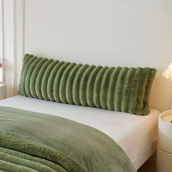 XeGe Fluffy Faux Rabbit Fur Body Pillow Cover, Luxury Plush Fuzzy Striped 20x54 Bedoom Body Pillowcase Moss Green, Shaggy Furry Long Bed Pillow Case with Zipper Kids Girls Teens Adults, Sage Green