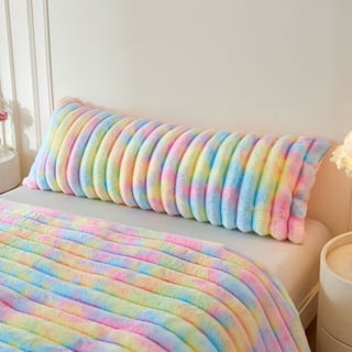 XeGe Fluffy Faux Rabbit Fur Body Pillow Cover, Luxury Plush Fuzzy Striped 20x54 Tie Dye Body Pillowcase Bedroom, Shaggy Furry Zippered Bedroom Long Pillow Case Pregnant Women Side Sleeper, Rainbow