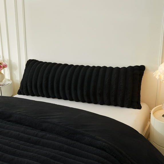 XeGe Fluffy Faux Rabbit Fur Body Pillow Cover, Soft Plush Fuzzy Wide Striped 20x54 Body Pillowcase with Zipper, Home Decorative Shaggy Furry Ribbed Long Pillow Cover for Bed Couch Sofa Bedroom, Black