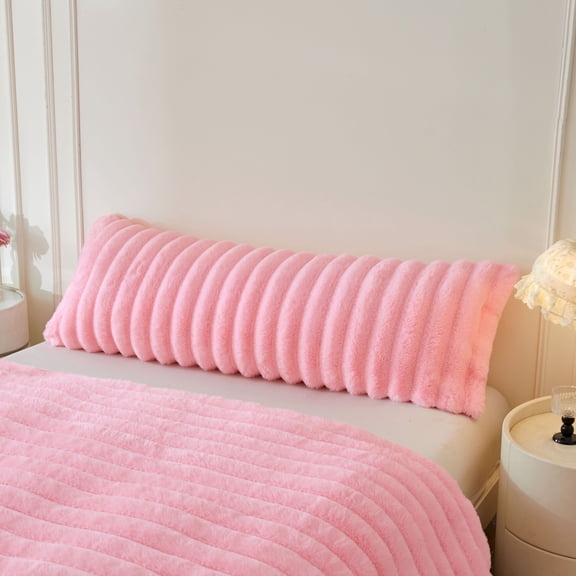 XeGe Fluffy Faux Rabbit Fur Body Pillow Cover, Soft Plush Fuzzy Wide Striped 20x54 Body Pillowcase with Zipper, Home Decorative Shaggy Furry Ribbed Long Pillow Cover for Bed Couch Sofa Bedroom, Pink