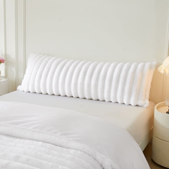 XeGe Fluffy Faux Rabbit Fur Body Pillow Cover, Soft Plush Fuzzy Wide Striped 20x54 Zippered Body Pillowcase, Decorative Shaggy Furry Bedroom Long Pillow Cover for Pregnant Women Side Sleeper, White