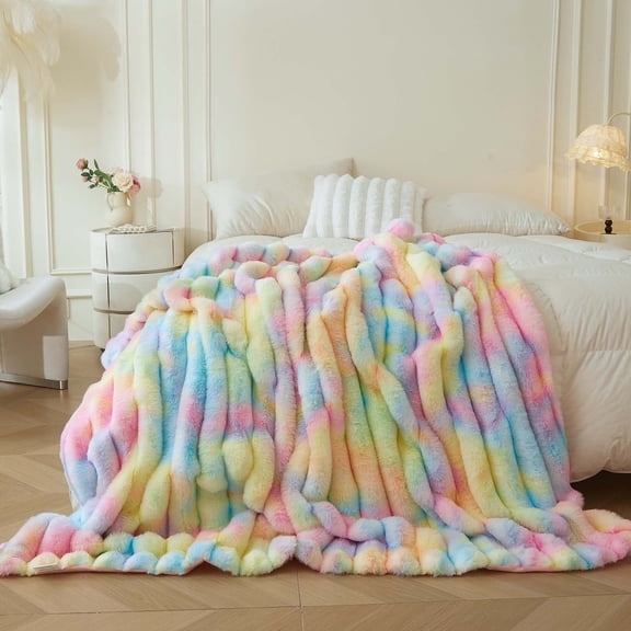 XeGe Fluffy Faux Rabbit Fur Throw, Cozy Ribbed Stripe Plush Fuzzy Blanket for Bed Couch Sofa Chair, Cute Tie Dye Shaggy Throw Bedroom Living Room, Furry Blanket for Kids Girls Teens, 50x60, Rainbow