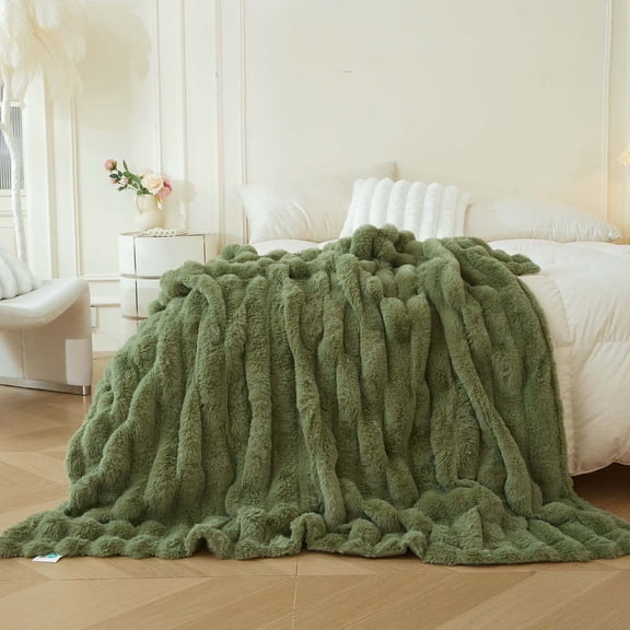 XeGe Fluffy Faux Rabbit Fur Throw, Cozy Wide Stripe Plush Fuzzy Blanket for Bed Couch Sofa Chair, Moss Green Shaggy Throw Bedroom Living Room, Furry Blanket for Kids Girls Adults, 50x60, Sage Green