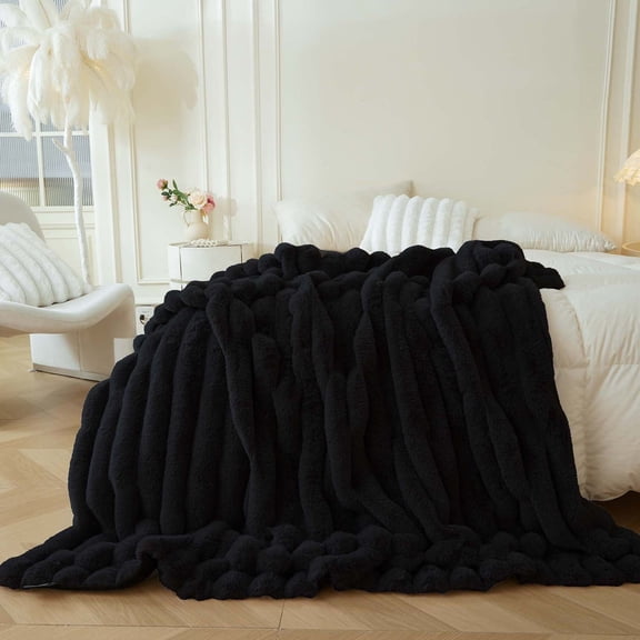 XeGe Fluffy Faux Rabbit Fur Throw, Luxury Ribbed Stripe Plush Fuzzy Blanket for Bed Couch Sofa Chair, Decorative Shaggy Throw Bedroom Living Room, Furry Blanket for Kids Teens Adults, 50x60, Black