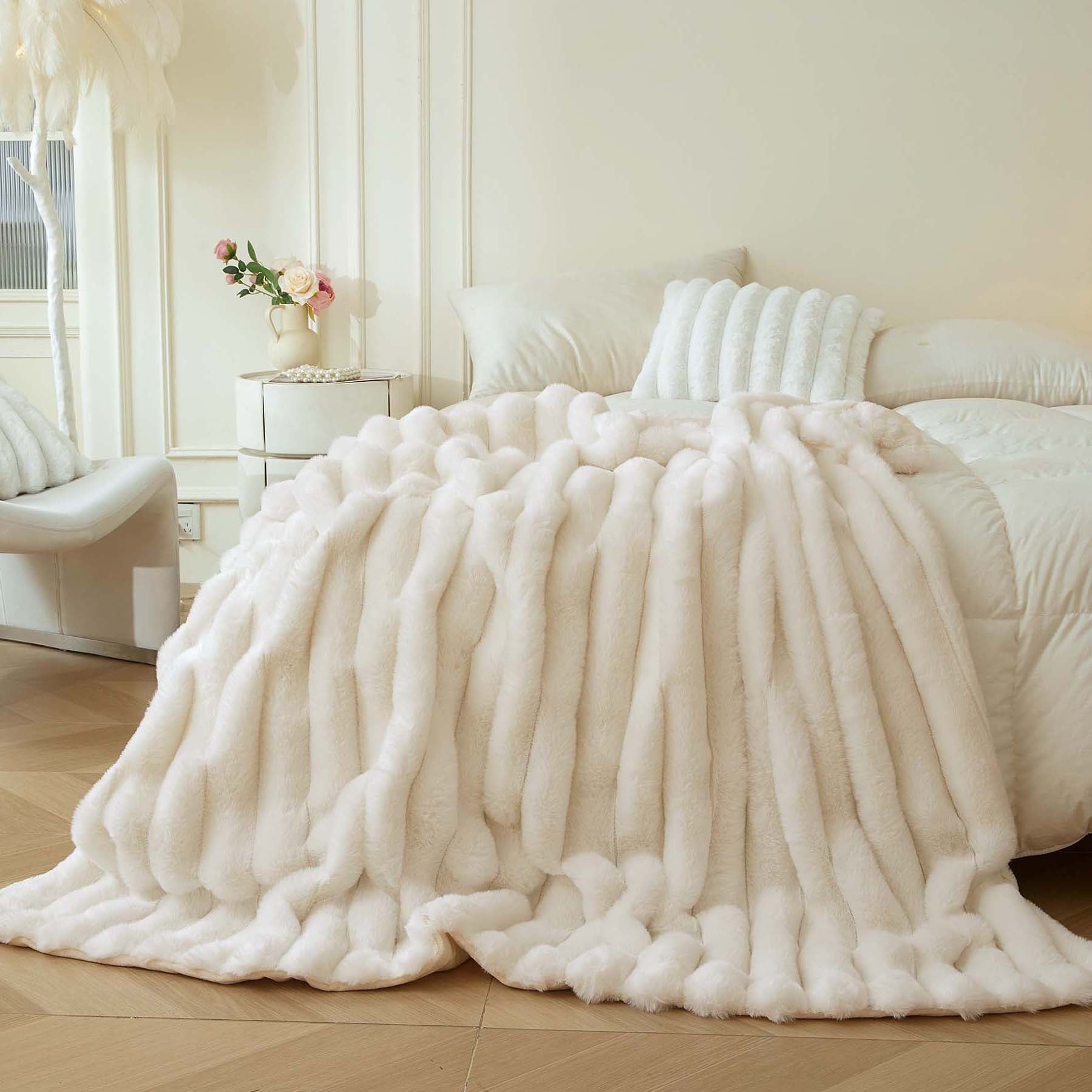 XeGe Fluffy Faux Rabbit Fur Throw, Luxury Ribbed Stripe Plush Fuzzy Blanket for Bed Couch Sofa Chair, Ivory Shaggy Throw Bedroom Living Room, Furry Blanket for Kids Girls Teens Adults, 50x60, Beige