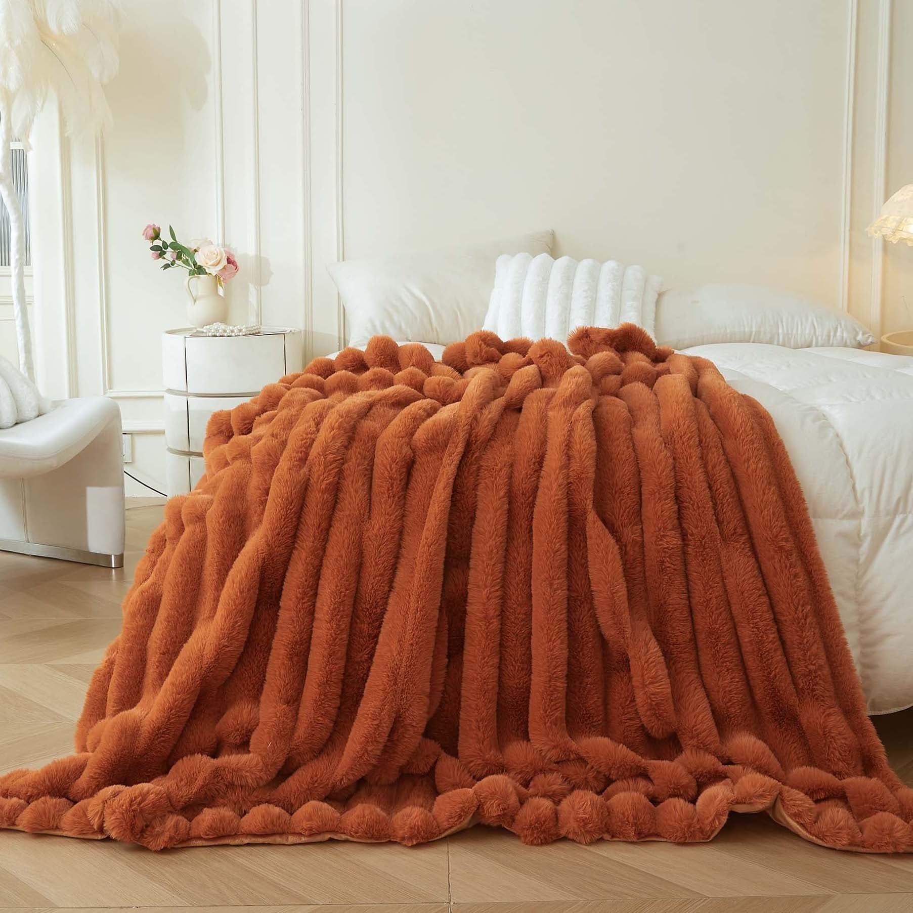 XeGe Fluffy Faux Rabbit Fur Throw, Luxury Stripe Plush Fuzzy Blanket for Bed Couch Sofa Chair, Decorative Shaggy Throw Bedroom Living Room, Furry Blanket Kids Girls Teens Adults, 50x60, Burnt Orange