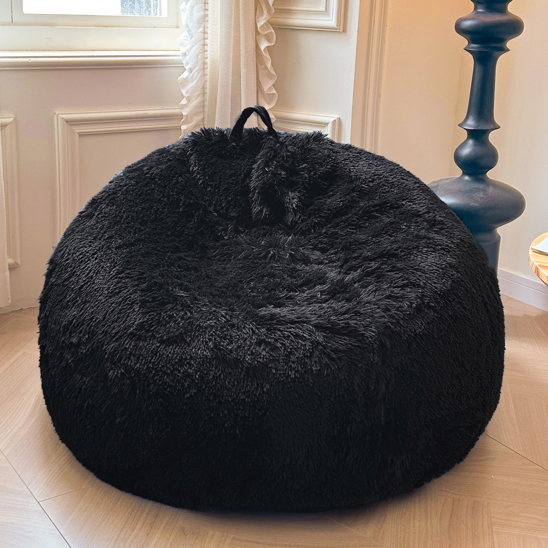 XeGe Fluffy Stuffed Animal Storage Bean Bag Chair Cover(No Filler), Faux Fur Washable Ultra Soft Bean Bag Cover for Plush Toys or Textile, Plush Shaggy Large Bean Bag for Adults Kids Teens, Black
