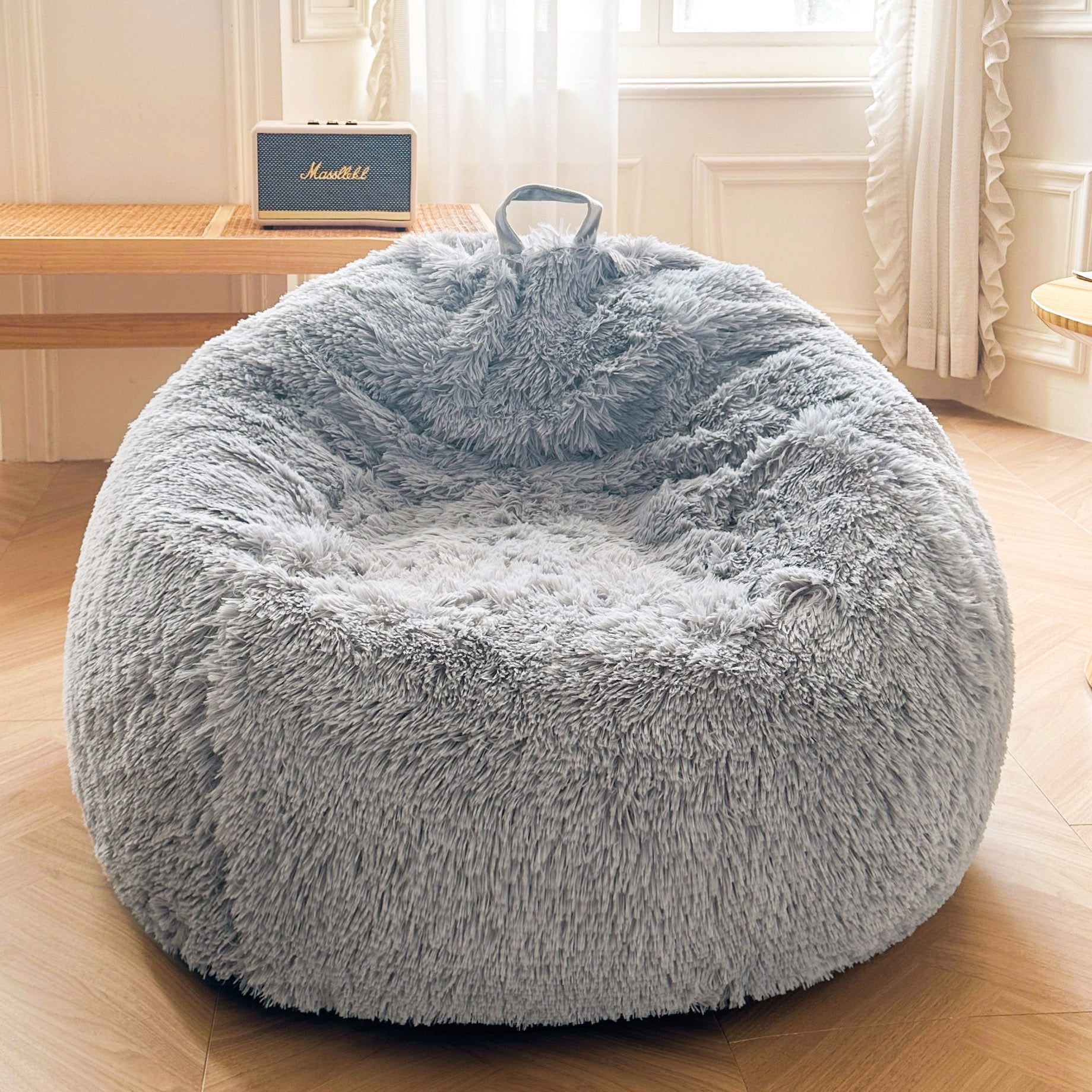 XeGe Fluffy Stuffed Animal Storage Bean Bag Cover(No Filler), Faux Fur Washable Ultra Soft Bean Bag Cover for Plush Toys or Textile,Plush Shaggy Large Beanbag for Adults Kids Teens, Light Grey
