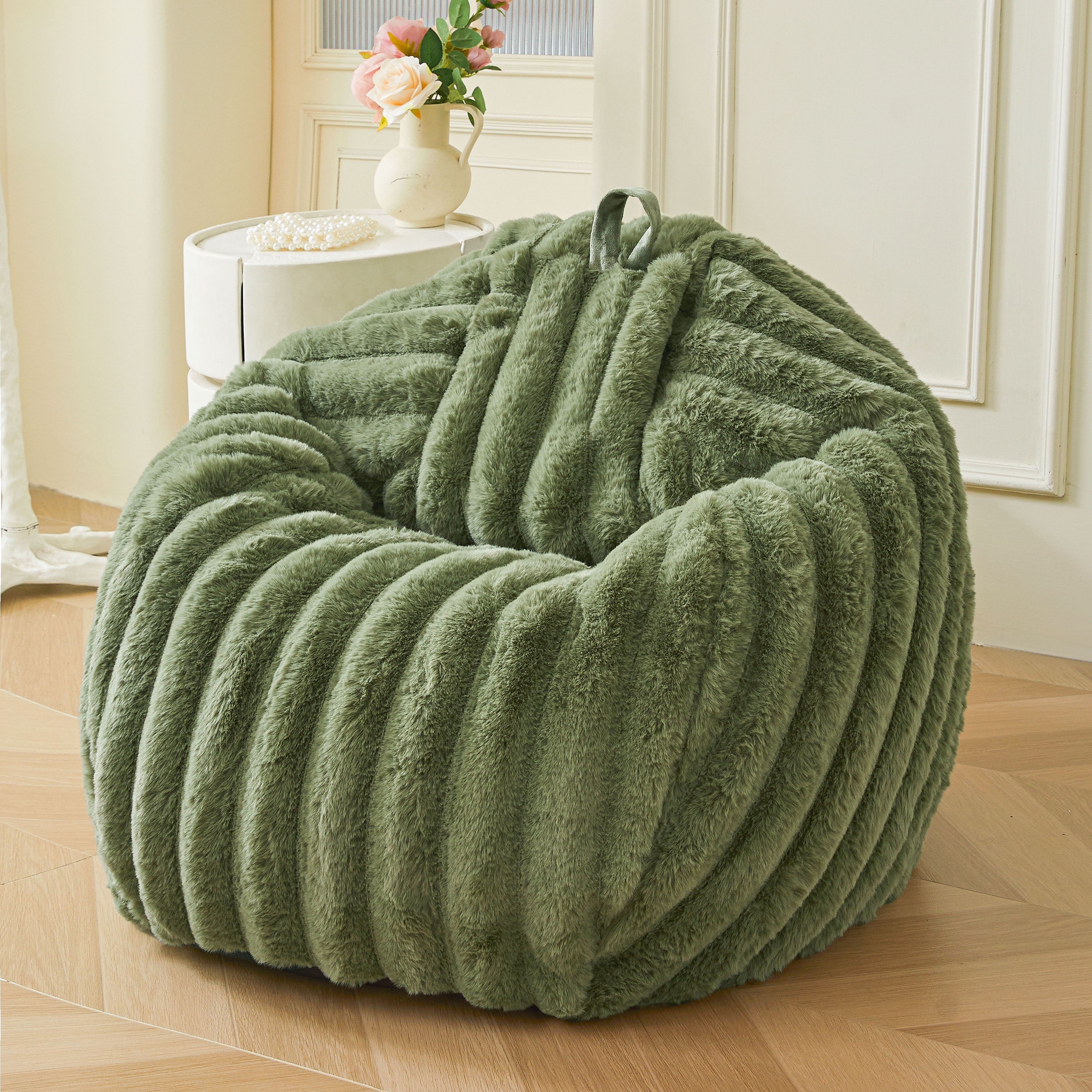 XeGe Kids Fluffy Faux Rabbit Fur Bean Bag Chair Cover(No Filler), Cozy Moss Shaggy Striped Stuffed Animal Storage Bean Bag for Plush Toys, Fuzzy Ribbed Beanbag Cover Kids Girls Adult, Sage Green