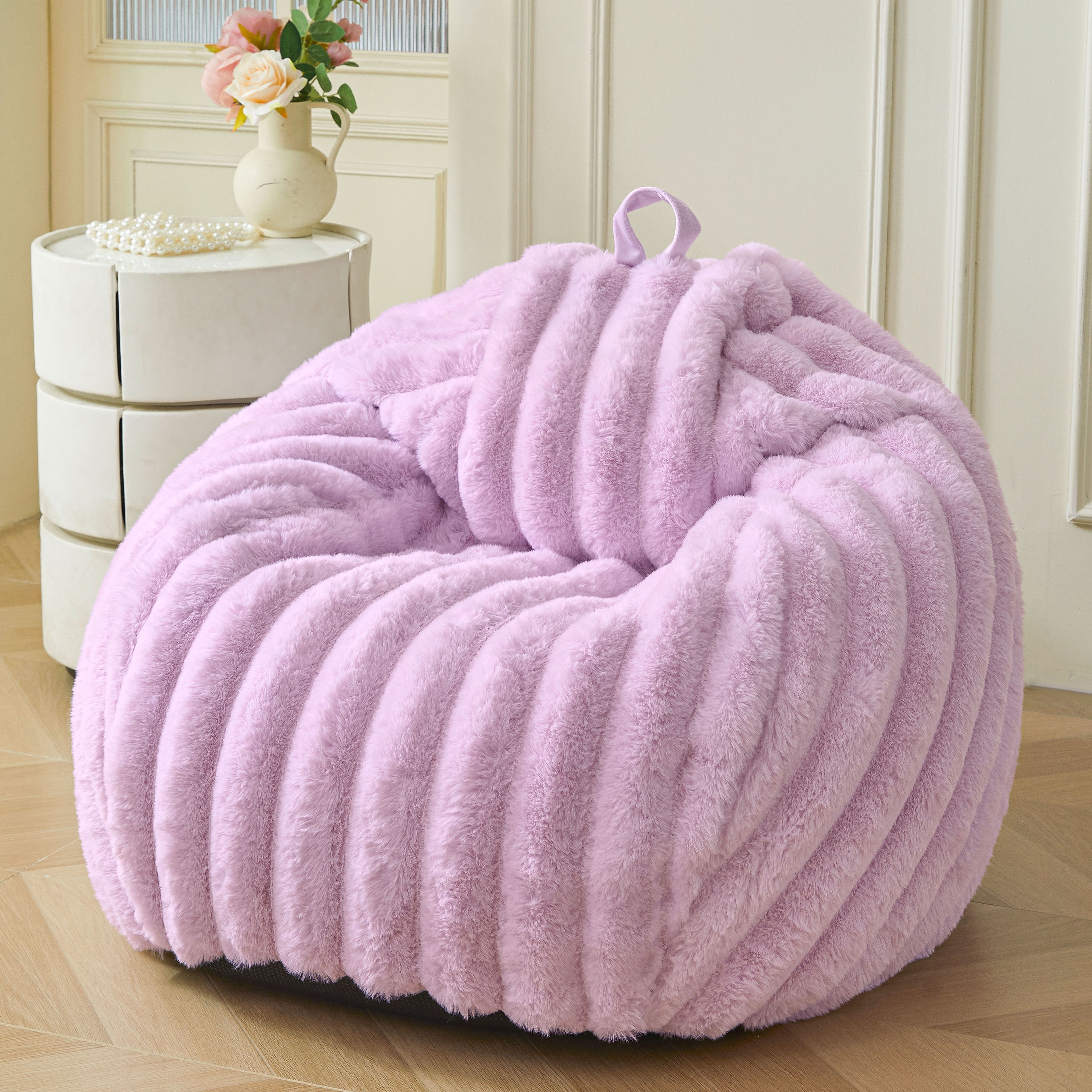 XeGe Kids Fluffy Faux Rabbit Fur Bean Bag Chair Cover(No Filler), Light Purple Plush Striped Stuffed Animal Storage Bean Bag, Fuzzy Furry Ribbed Beanbag Cover Kids Girls Adults, Anti-slip, Lavender