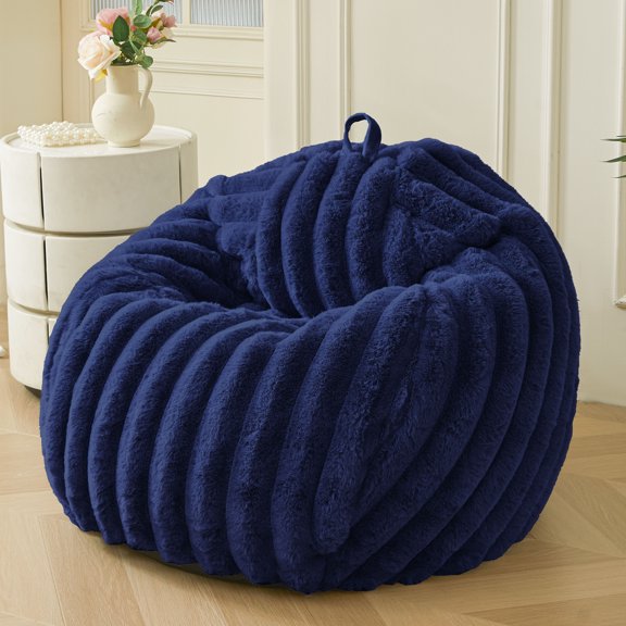 XeGe Kids Fluffy Faux Rabbit Fur Bean Bag Chair Cover(No Filler), Luxury Plush Shaggy Wide Striped Stuffed Animal Storage Bean Bag, Fuzzy Furry Ribbed Beanbag Cover Kids Girls Teens Adult, Navy Blue