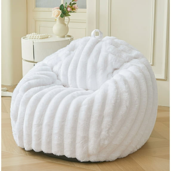 XeGe Kids Fluffy Faux Rabbit Fur Bean Bag Chair Cover(No Filler), Luxury Shaggy Wide Striped Stuffed Animal Storage Bean Bag for Plush Toys, Fuzzy Home Decor Beanbag Cover Kids Teens Adults, White