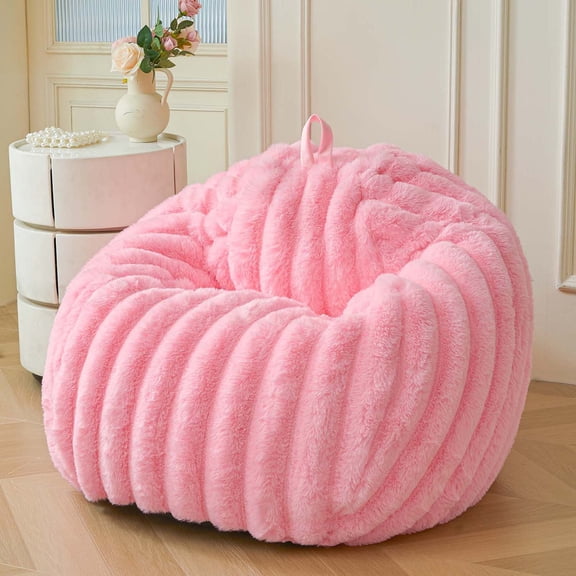 XeGe Kids Fluffy Faux Rabbit Fur Bean Bag Chair Cover(No Filler), Soft Shaggy Wide Striped Stuffed Animal Storage Bean Bag, Fuzzy Decorative Ribbed Beanbag Cover for Kids Girls Teens, Anti-slip, Pink