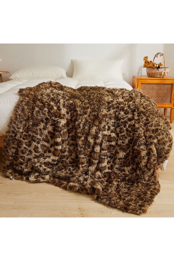 Luxury Faux Fur Leopard Print Blanket, Soft Cheetah Patterned Fluffy Bed Blanket, Shaggy Plush Decorative Couch Throw, Cute Furry Animal Print Fuzzy Throw for Sofa Bed Couch, Brown, 60x80