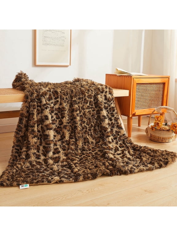 Luxury Faux Fur Leopard Print Throw, Soft 50x60 Cheetah Print Fluffy Blanket, Shaggy Plush Decorative Couch Throw, Cute Furry Fuzzy Animal Print Blanket for Sofa Bed, Leopard Brown