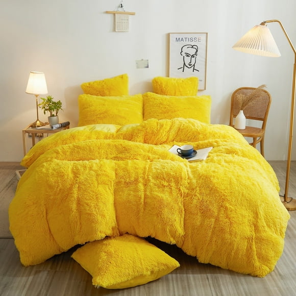 XeGe Luxury Plush Shaggy Duvet Cover Set, 2 Pieces Faux Fur Comforter Cover Set, Ultra Soft Velvet Fluffy Furry Bedding Set(1 Fuzzy Duvet Cover+ 1 Throw Pillow Cover), Zipper Closure (Twin, Yellow)