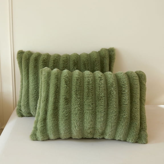 XeGe Pack of 2 Fluffy Faux Rabbit Fur Pillowcases, Soft Striped Plush Fuzzy Bed Pillow Cases with Zipper, Aesthetic Shaggy Furry Moss Long Pillow Covers Kids Teens Adults 20x26, Standard, Sage Green