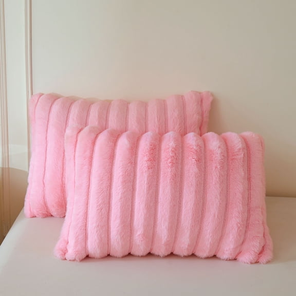 XeGe Pack of 2 Fluffy Faux Rabbit Fur Pillowcases, Soft Striped Plush Fuzzy Bed Pillow Cases with Zipper, Aesthetic Shaggy Furry Ribbed Long Pillow Covers for Kids Girls Adults 20x26, Standard, Pink