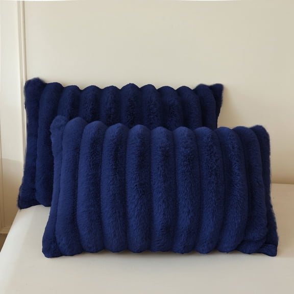 XeGe Pack of 2 Fluffy Faux Rabbit Fur Pillowcases, Soft Striped Plush Fuzzy Bed Pillow Cases with Zipper, Farmhouse Shaggy Furry Ribbed Long Pillow Covers Kids Teen Adults 20x26, Standard, Navy Blue