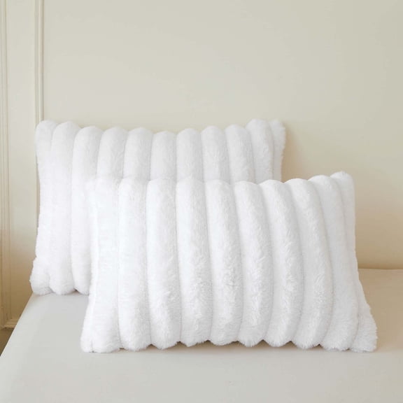 XeGe Pack of 2 Fluffy Faux Rabbit Fur Pillowcases, Soft Striped Plush Fuzzy Bed Pillow Cases with Zipper, Farmhouse Shaggy Furry Ribbed Long Pillow Covers for Kids Teens Adults 20x26, Standard, White