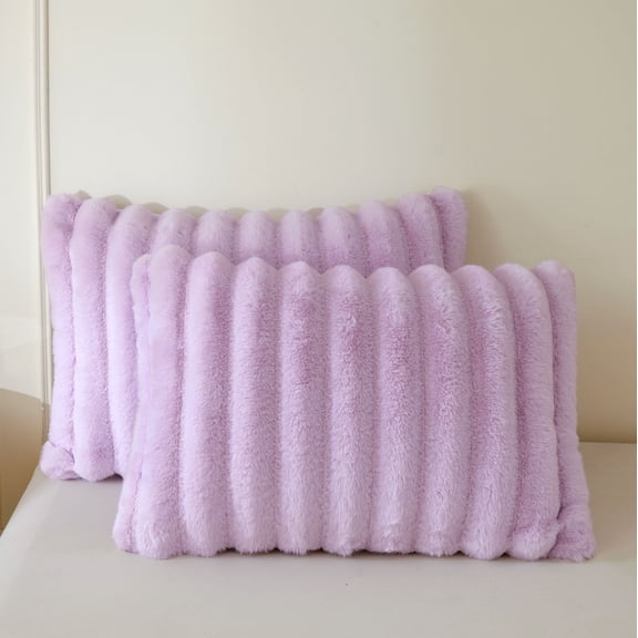XeGe Pack of 2 Fluffy Faux Rabbit Fur Pillowcases, Soft Striped Plush Fuzzy Bed Pillow Cases with Zipper, Light Purple Shaggy Furry Ribbed Long Pillow Covers Kids Girl Adult 20x26, Standard, Lavender