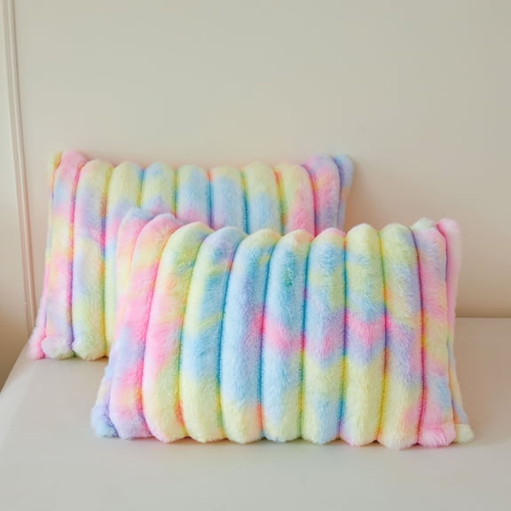 XeGe Pack of 2 Fluffy Faux Rabbit Fur Pillowcases, Soft Striped Plush Fuzzy Bed Pillow Cases with Zipper, Tie Dye Shaggy Furry Ribbed Long Pillow Covers Kids Girls Adult 20x26, Standard, Rainbow