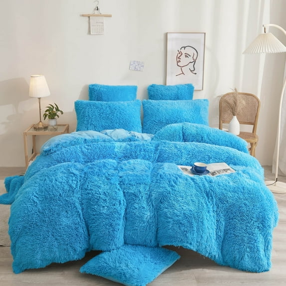 XeGe Plush Shaggy Duvet Cover Set, Luxury Ultra Soft Fluffy Faux Fur Bedding Sets 2 Pieces Velvet(1 Fuzzy Furry Comforter Cover + 1 Faux Fur Pillow Case), Zipper Closure (Twin, Blue)
