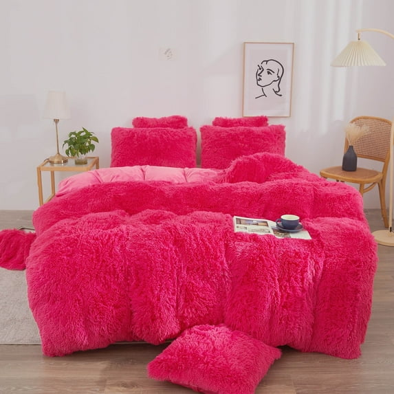 XeGe Plush Shaggy Duvet Cover Set, Luxury Ultra Soft Fluffy Faux Fur Bedding Sets 2 Pieces Velvet(1 Fuzzy Furry Comforter Cover + 1 Faux Fur Pillow Case), Zipper Closure (Twin, Hot Pink)