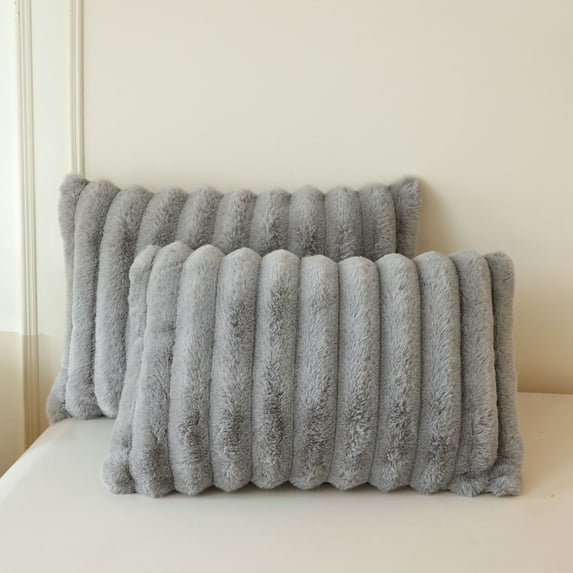 XeGe Set of 2 Fluffy Faux Rabbit Fur Pillowcases, Cozy Luxury Striped Plush Fuzzy Zippered Pillow Cases, Decorative Shaggy Furry Ribbed Long Pillow Shams Bedroom Living Room 20x36, King, Light Grey