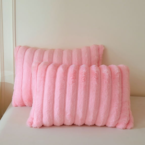 XeGe Set of 2 Fluffy Faux Rabbit Fur Pillowcases, Luxury Striped Plush Fuzzy Zippered Pillow Cases, Decorative Shaggy Furry Ribbed Long Pillow Shams for Bedroom Living Room 20x36, King, Pink