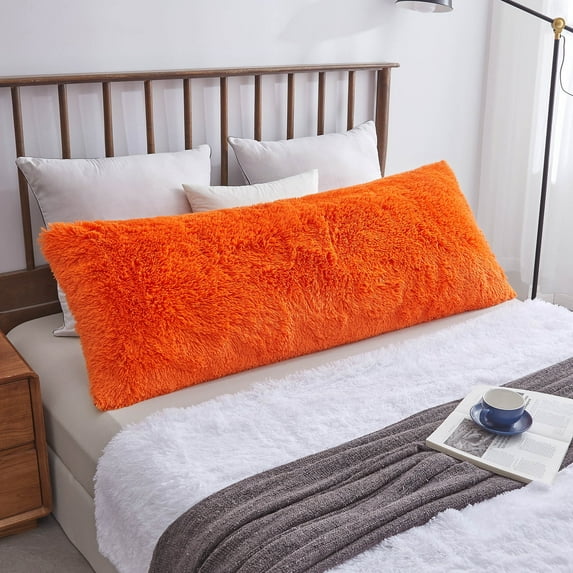 XeGe Shaggy Faux Fur Body Pillow Cover - Long, Soft, Decorative Fluffy Plush Pillowcase with Zipper Closure, 20" x 54", Orange