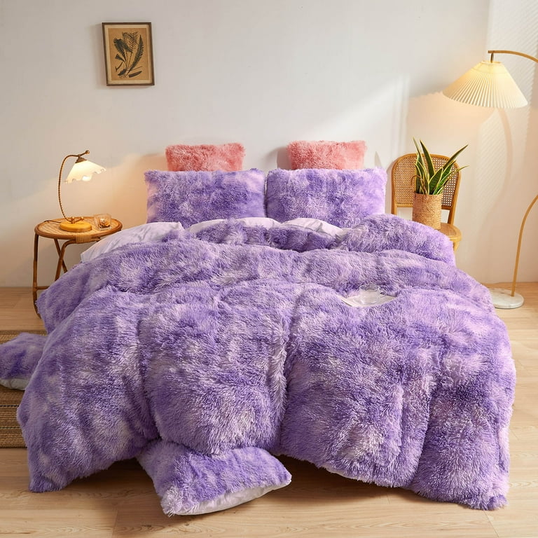 XeGe Tie Dye Plush Shaggy Duvet Cover Set Luxury Ombre 3 PCS Soft Fluffy Furry Bedding Set Light Purple 1 Faux Fur Fuzzy Comforter Cover 2 Pillow Cases Zipper Closure Queen Tie Dye