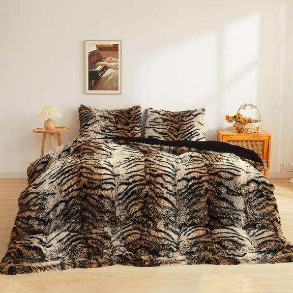 XeGe Tiger Print Fluffy Faux Fur Duvet Cover Set, 3 Pieces Soft Plush Shaggy Farmhouse Fuzzy Bedding Set(1 Farmhouse Comforter Cover   2 Furry Pillow Cases), Zipper Closure(Queen, Tiger Print Brown)