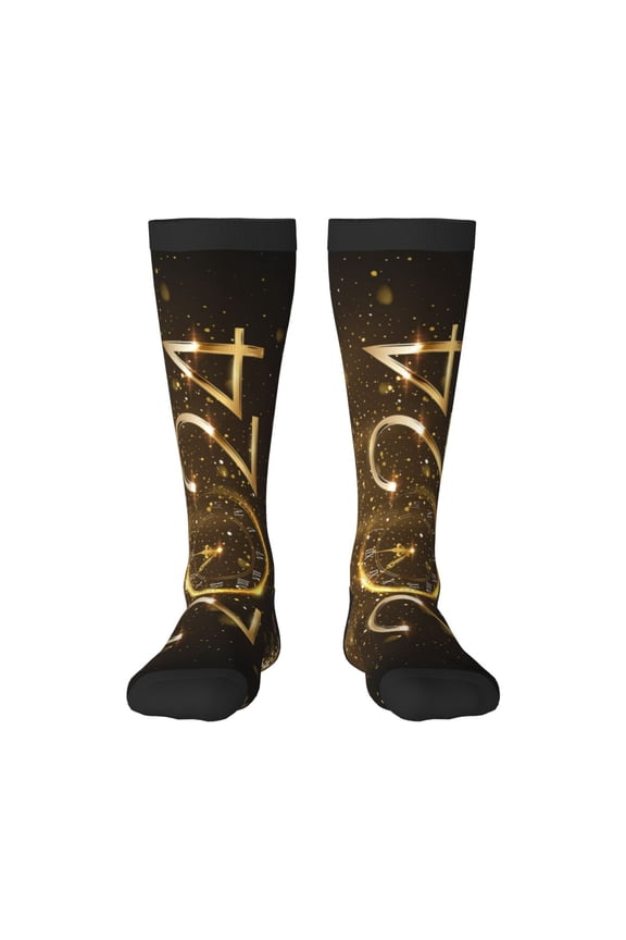 2024 Happy New Year print thigh-high socks, crafted for both men and women with a stretchy, high-opaque design perfect for daily wear