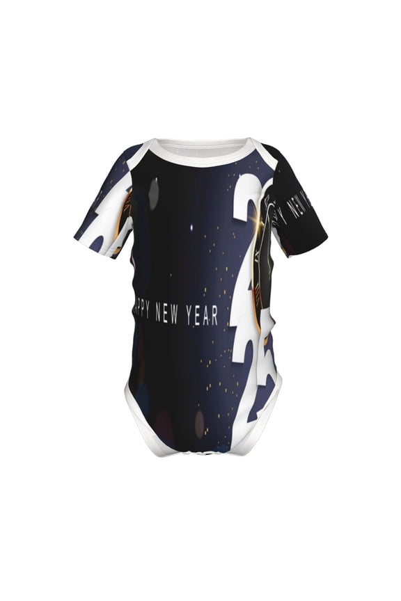 2025 Happy New Year 2 Pattern Baby Climbing Bodysuit Short Sleeve Onesie Unisex 0-12 Months Baby Shirt Newborn Outfits Crotch snap design-6 Months