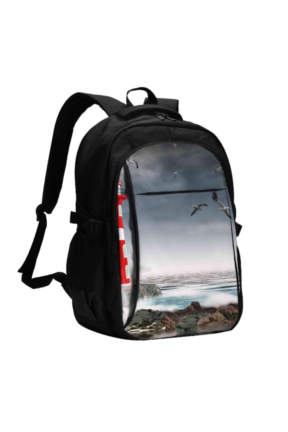 3d Lighthouse in the Surf for Travel Laptop Backpack, USB-Charging-Enabled, Spacious Business Backpack for Men and Women,College School Computer Bag