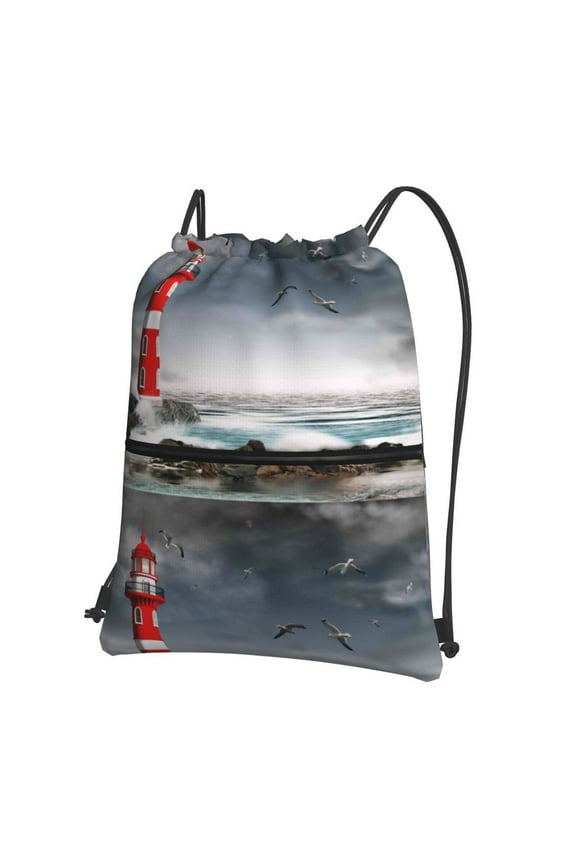 3d Lighthouse in the Surf for Drawstring Bags,Pull String Backpack Bags,String Bag Sackpack