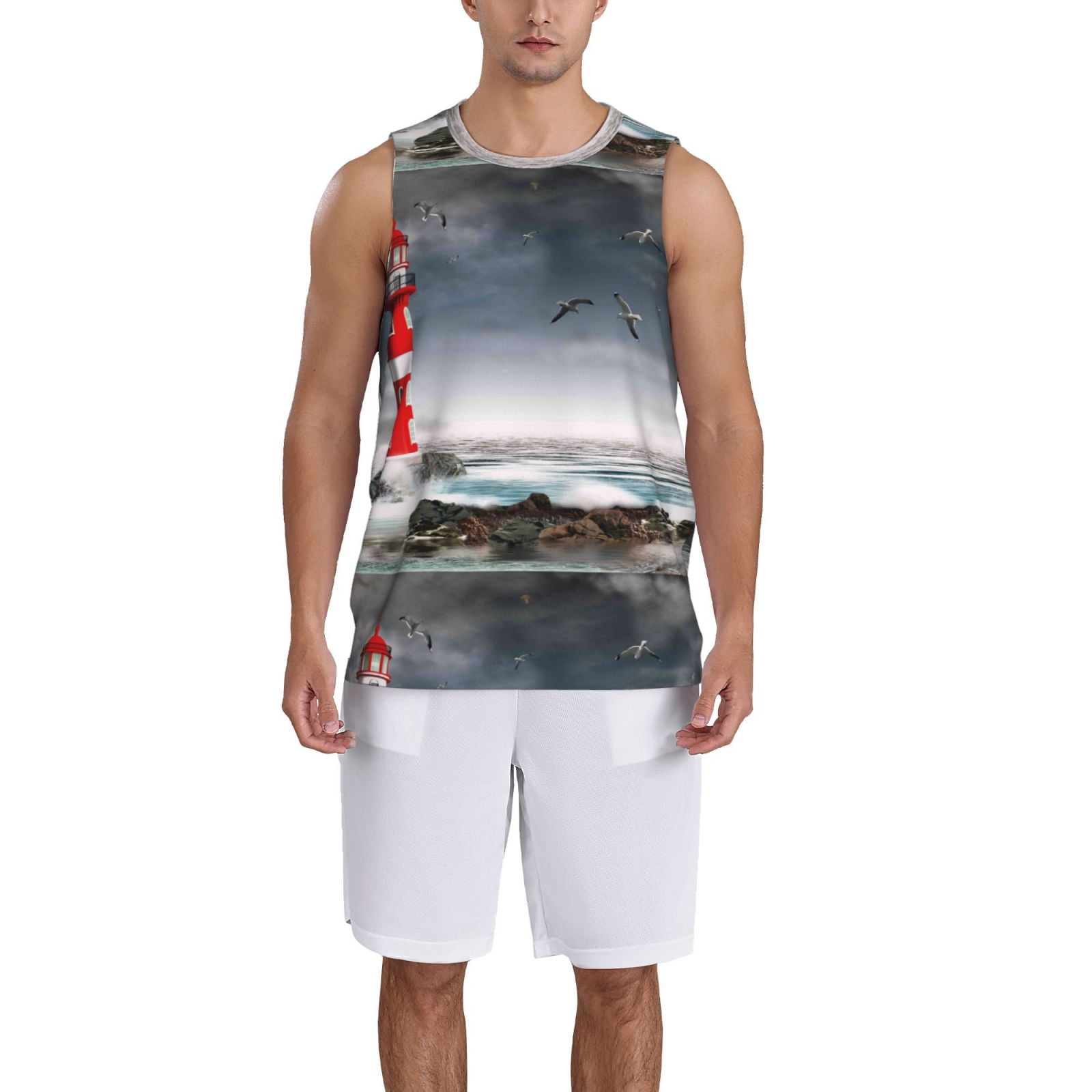Xecao 3d Lighthouse in the Surf print basketball shirt for both men and women, a unisex basketball jersey perfect for theme parties-Medium