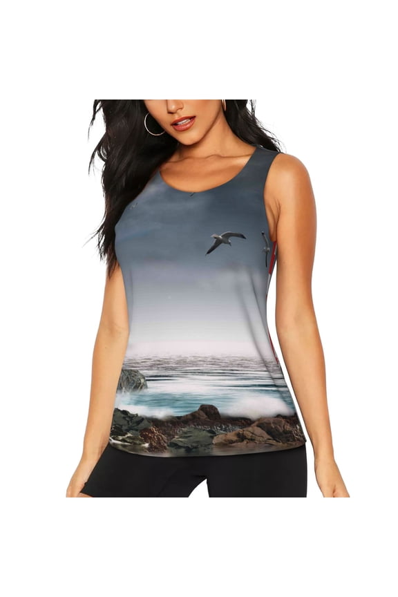 3d Lighthouse in the Surf print women's scoop neck, loose-fit workout tank tops for the gym.