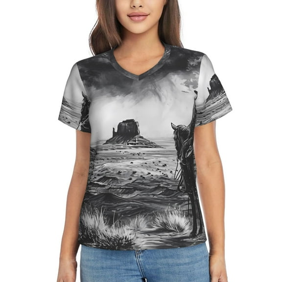 Xecao 60s Black White Western Cowboy for Women's V-Neck T-Shirts-Elegant Half-Sleeve Tops Perfect for Summer-3X-Large