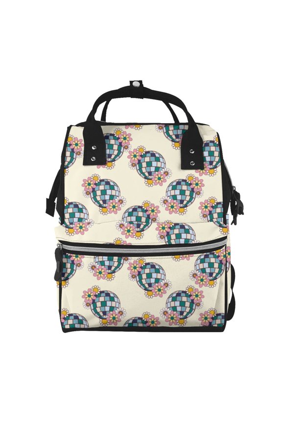 70s Disco Ball print Large Capacity Nappy Bag is a multi-functional waterproof travel backpack, perfect as a nursing bag or mummy backpack for women