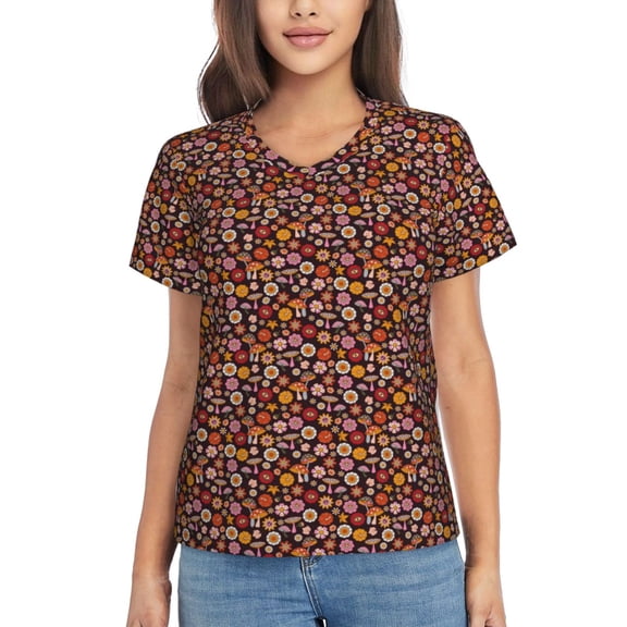 Xecao 70s Groovy Hippie Retro for Women's V-Neck T-Shirts-Elegant Half-Sleeve Tops Perfect for Summer-Medium