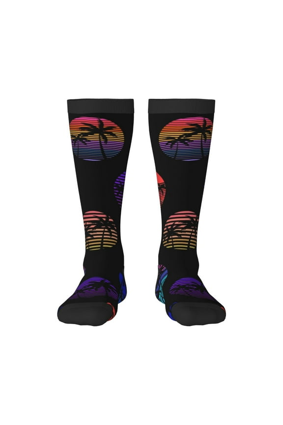 80s Style Palm Trees print thigh-high socks, crafted for both men and women with a stretchy, high-opaque design perfect for daily wear