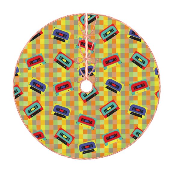 Xecao 90s Audio Tape Pattern Christmas Tree Skirt Holiday Part Decorations for Christmas Tree, Farmhouse Christmas Decor Xmas Holiday Home Party Decorations-30"