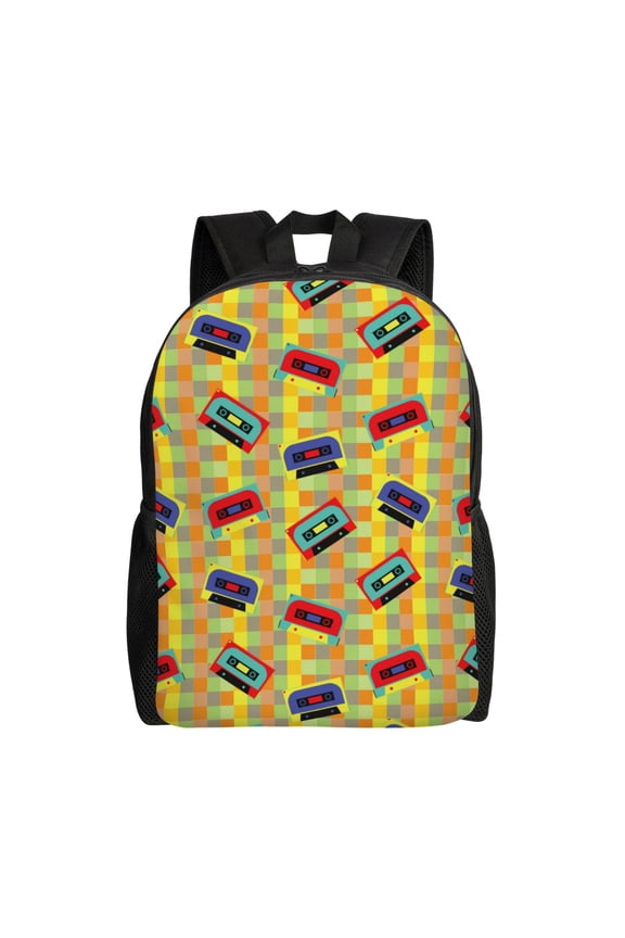 90s Audio Tape Print School Backpack with Laptop Compartment Small Travel Laptop Backpack for Women Men Waterproof College Backpack Simple School Bag