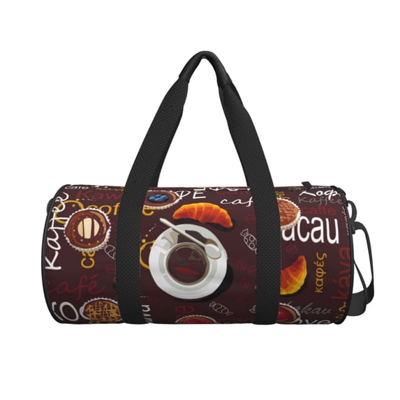 Xecao A Cup Of Black Coffee On A Saucer print Round Travel Duffel Bag is a foldable gym bag with an inner pocket, perfect for travel sports